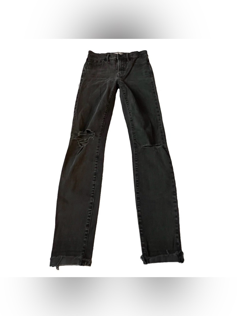 Madewell 9” High Rise Cuffed Frayed Skinny Stretch Destructed Black Jeans Sz 27